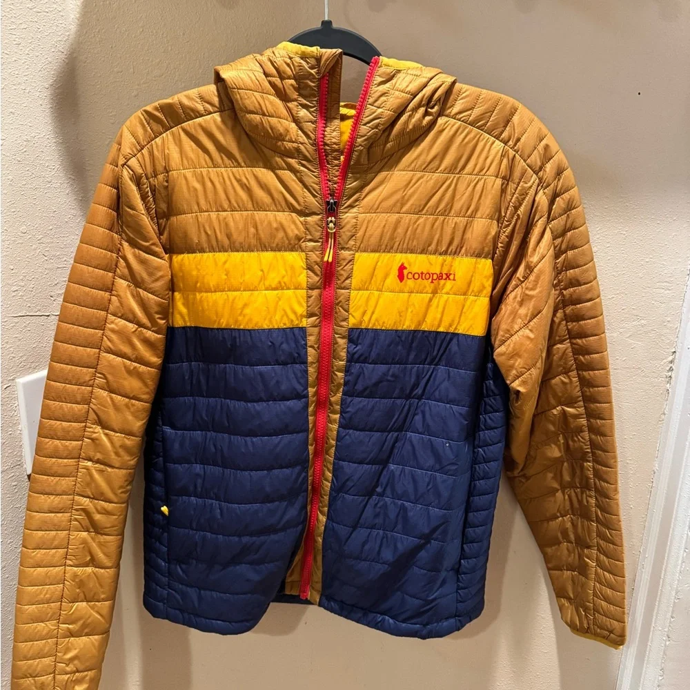 Cotopaxi Women’s Gold and Blue Hooded Down Jacket - Picture 1 of 13
